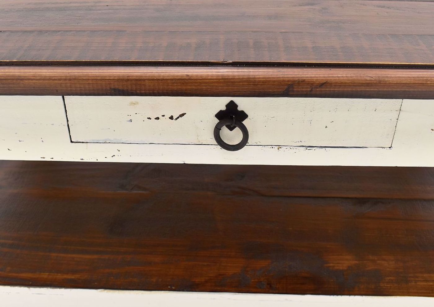 Rustic White Sierra Coffee Table by Texas Rustic Showing the Drawer Pull | Home Furniture Plus Mattress