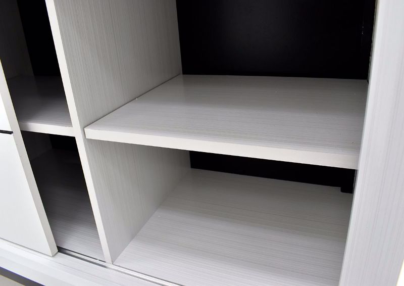 White Ackerson TV Stand by Crownmark Close Up of Side Shelves | Home Furniture Plus Bedding