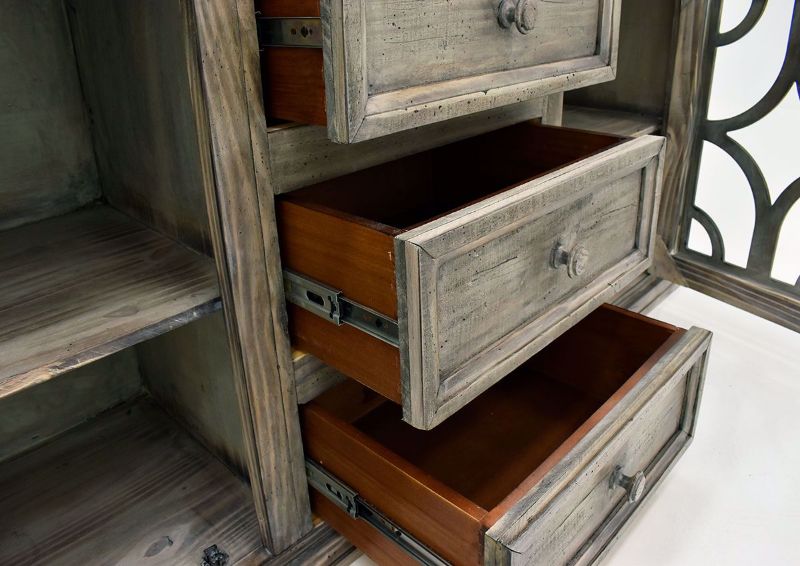 Granite Brown Westgate Console/TV Stand by Vintage Furniture open drawers close up | Home Furniture Plus Bedding