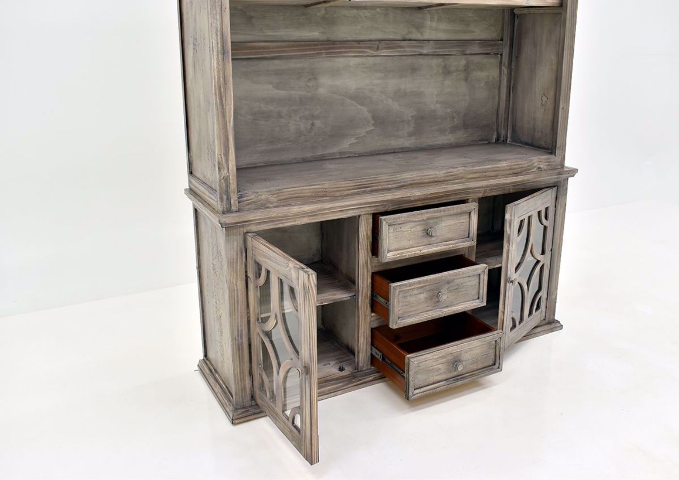 Granite Brown Westgate Entertainment Center by Vintage Furniture open drawers open doors | Home Furniture Plus Bedding
