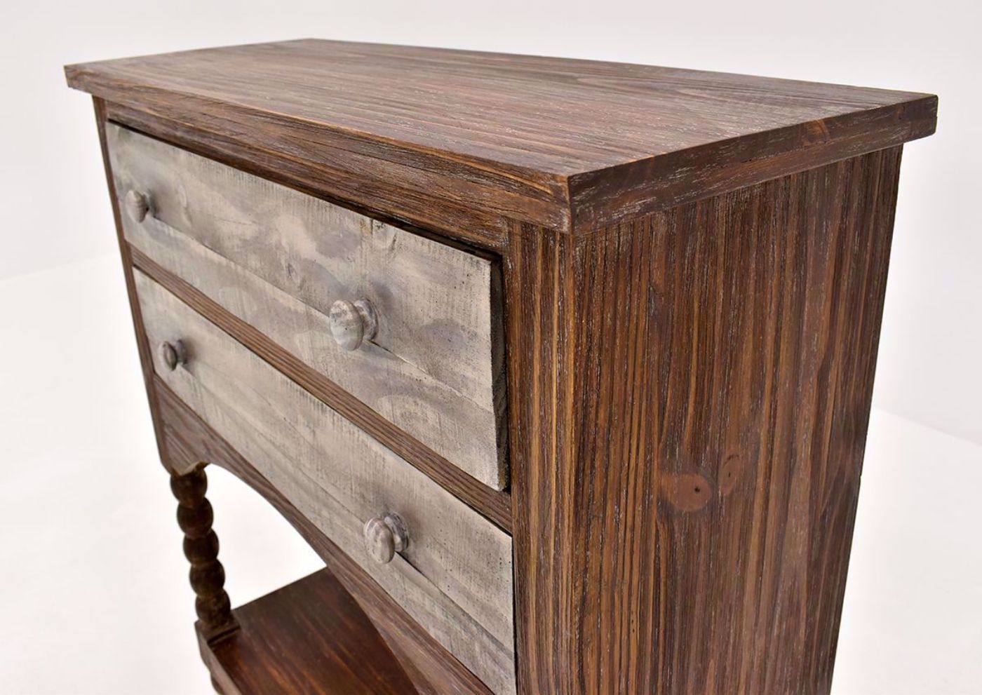 Hazel 2 Drawer Accent Console Table with Rustic Brown Finish by Vintage Furniture angle close up of drawers | Home Furniture Plus Bedding