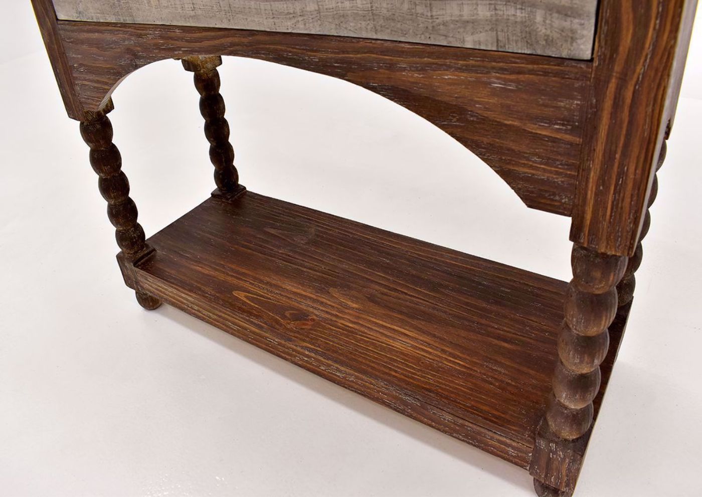 Hazel 2 Drawer Accent Console Table with Rustic Brown Finish by Vintage Furniture close up of legs and bottom shelf | Home Furniture Plus Bedding