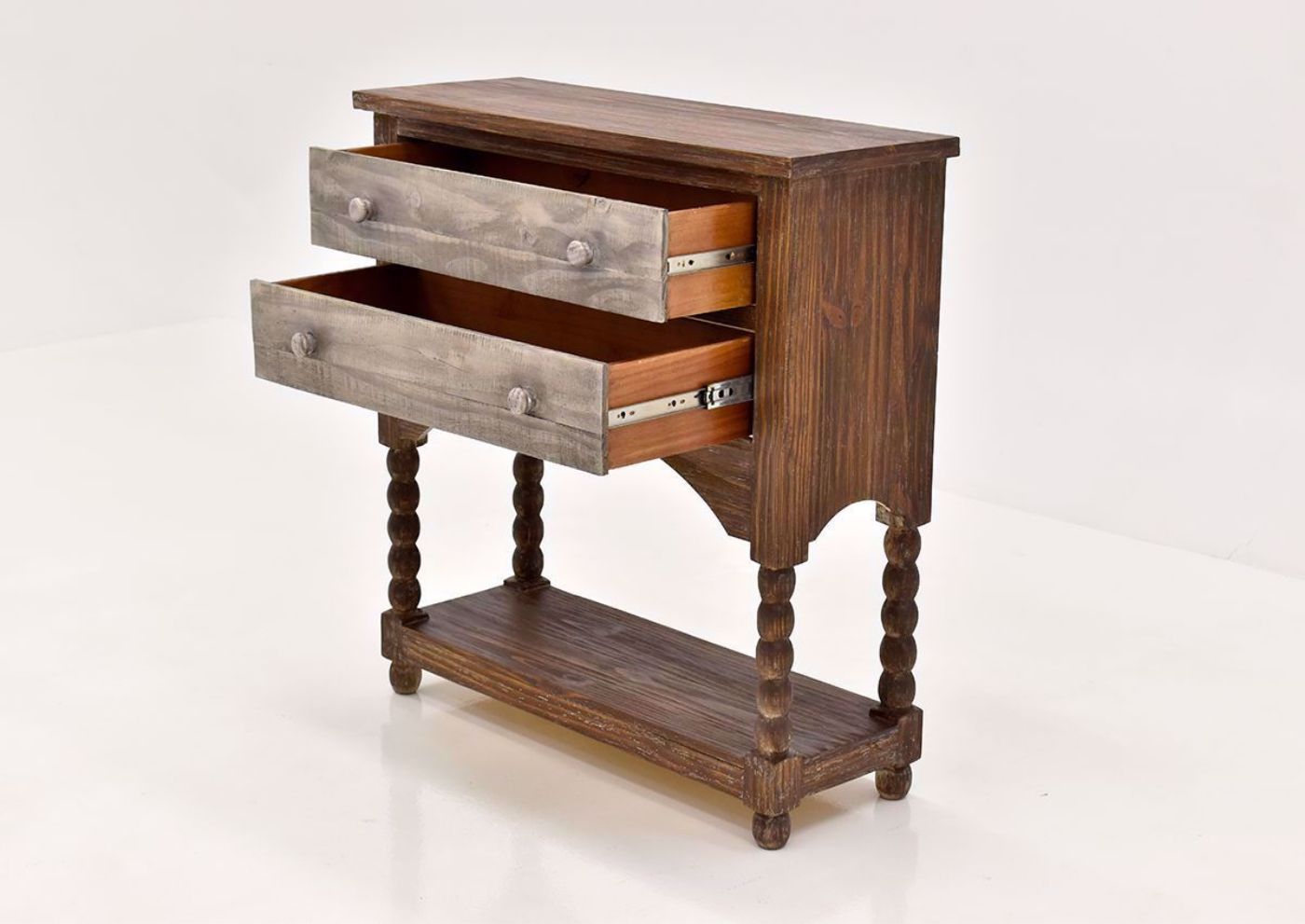 Hazel 2 Drawer Accent Console Table with Rustic Brown Finish by Vintage Furniture angle view with open drawers | Home Furniture Plus Bedding