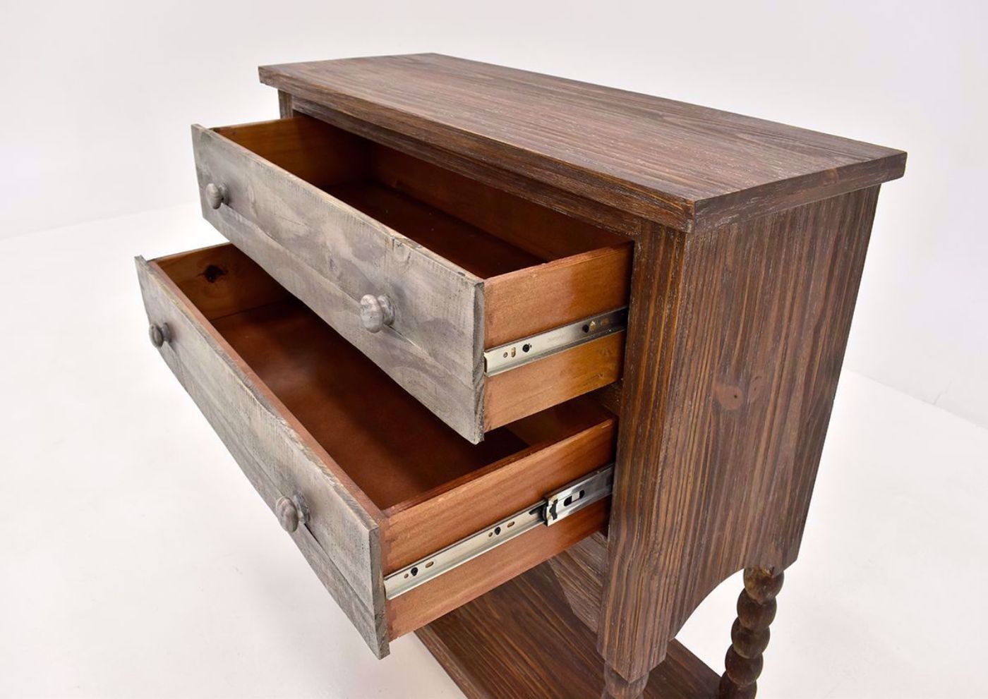 Hazel 2 Drawer Accent Console Table with Rustic Brown Finish by Vintage Furniture close up view with open drawers | Home Furniture Plus Bedding