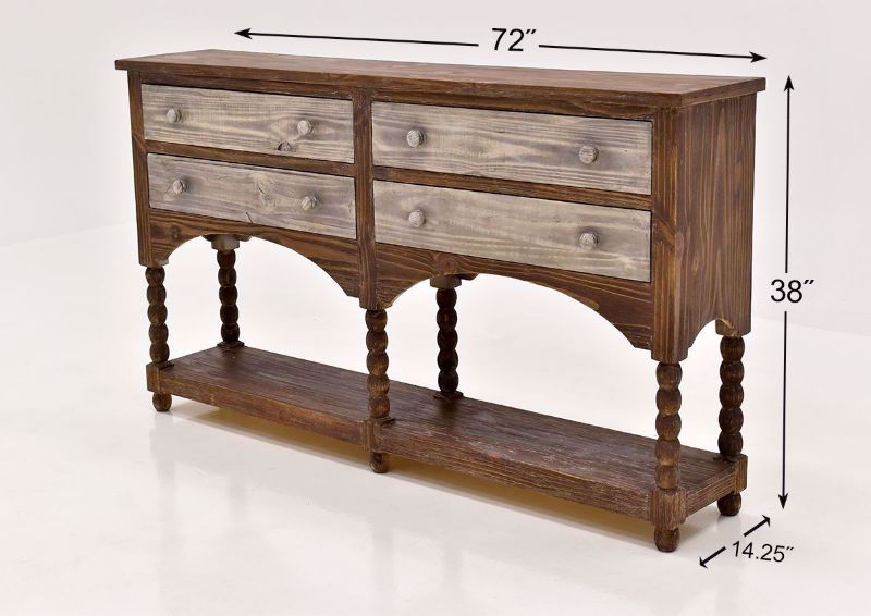 Hazel 4 Drawer Accent Console Table with Rustic Brown Finish by Vintage Furniture dimensions | Home Furniture Plus Bedding