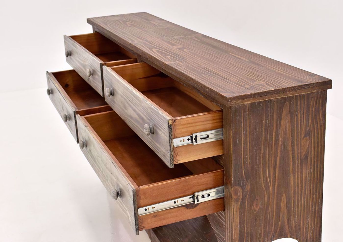 Hazel 4 Drawer Accent Console Table with Rustic Brown Finish by Vintage Furniture open drawers angle view | Home Furniture Plus Bedding