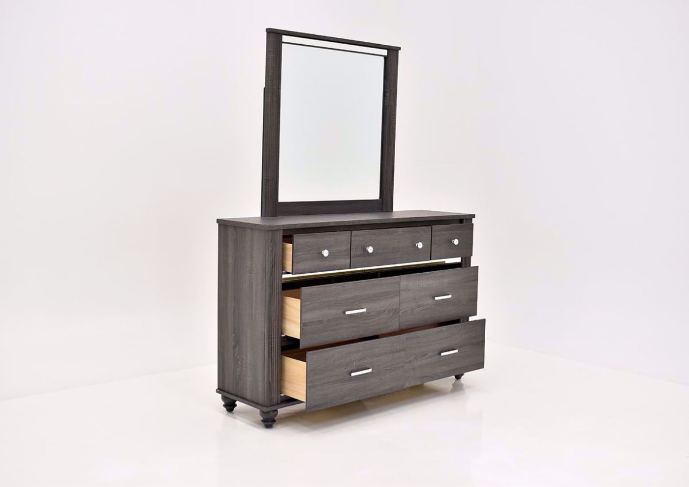 Gaston Dresser with Mirror by Crown Mark with Gray Finish angle opened drawers | Home Furniture Plus Bedding