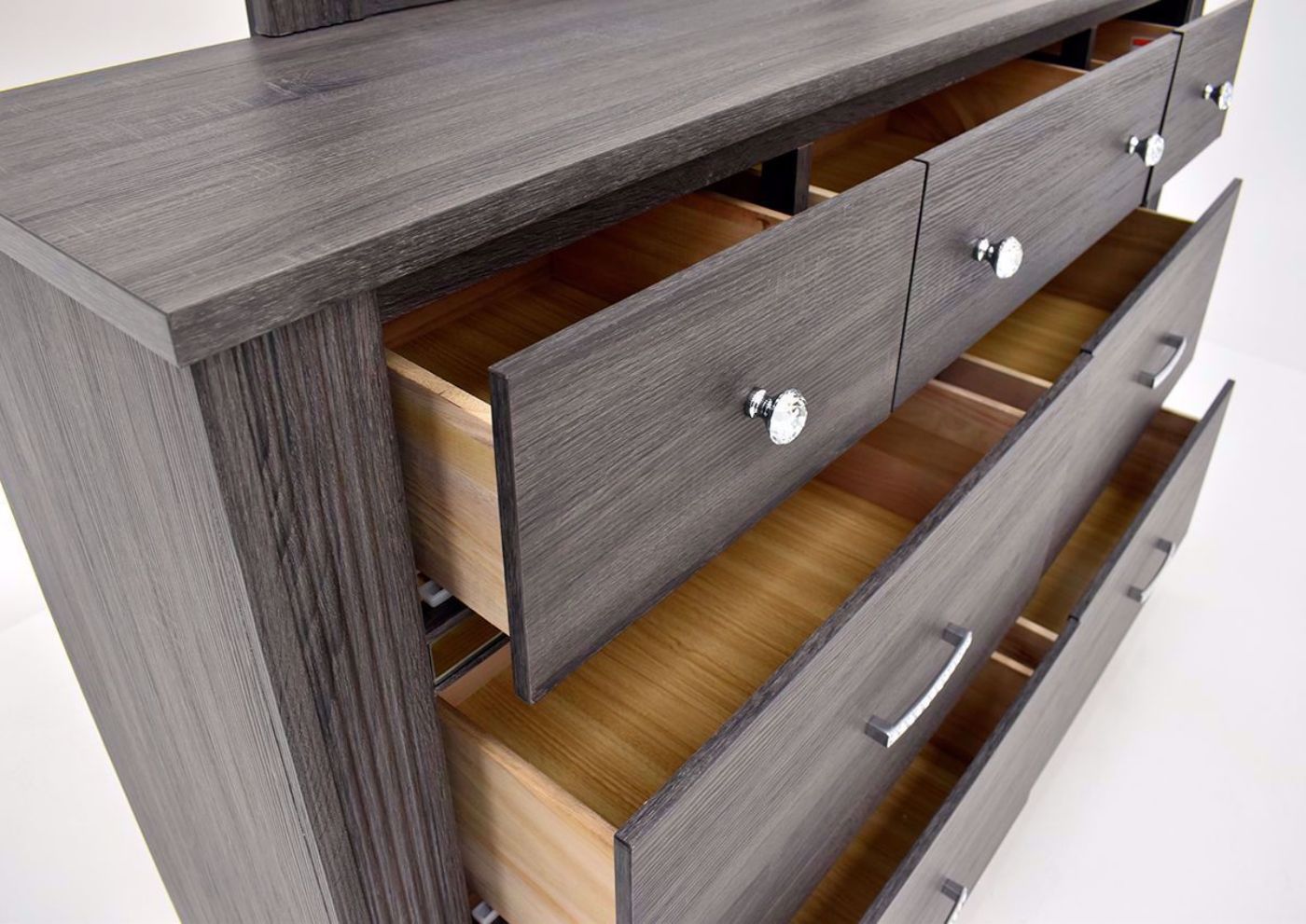 Gaston Dresser with Mirror by Crown Mark with Gray Finish drawers opened | Home Furniture Plus Bedding