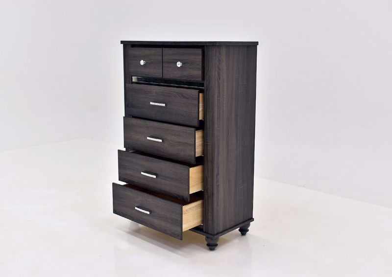 Gaston Chest of Drawers by Crown Mark with Gray Finish Angle view with drawers open | Home Furniture Plus Bedding