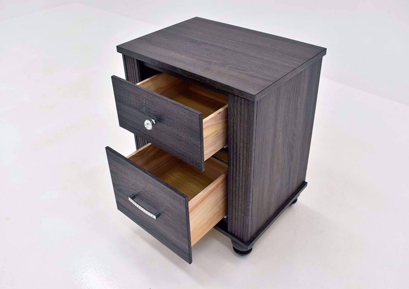 Gaston 2 Drawer Nightstand by Crown Mark in Black Finish angled open drawers | Home Furniture Plus Bedding