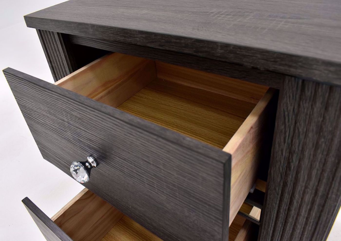 Gaston 2 Drawer Nightstand by Crown Mark in Black Finish close up open top drawer | Home Furniture Plus Bedding