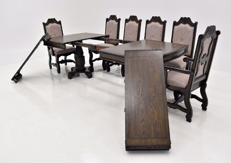 Brown Renaissance 7 Piece Dining Table Set Angle View with Leaves removed | Home Furniture Plus Bedding