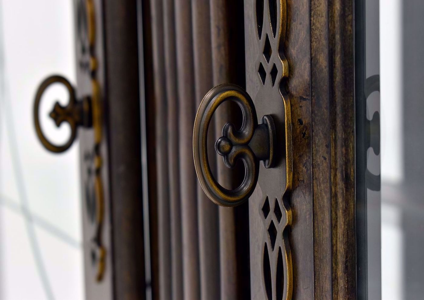Brown Renaissance Dining Hutch glass door decorative pulls | Home Furniture Plus Bedding