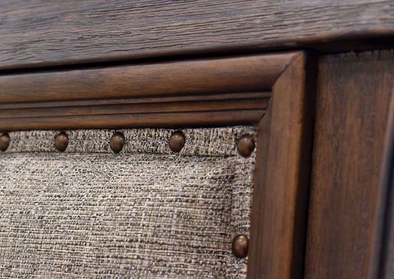 Brown Casa Grande Queen Size Upholstered Sleigh Bed Headboard Nail Head Trim Close Up | Home Furniture Plus Bedding