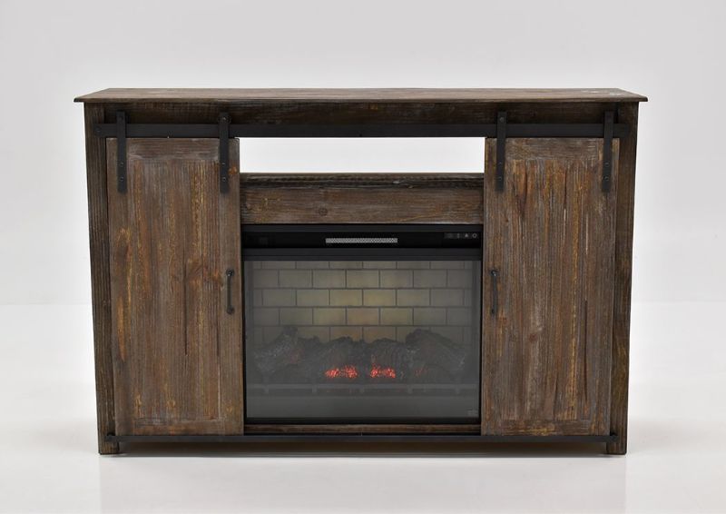 Front Facing View of the Maverick TV Stand with Fireplace with a Barnwood Finish | Home Furniture Plus Bedding