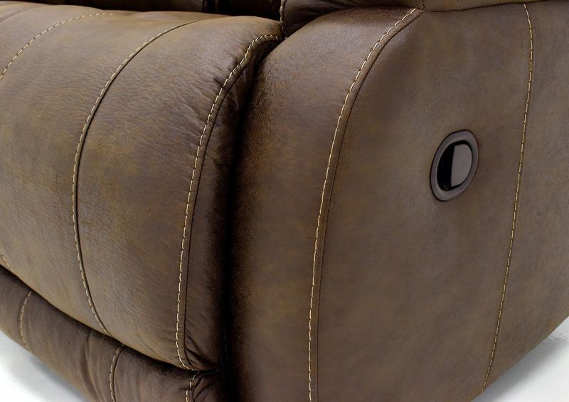 Close Up Detail of the Side and Reclining Button on the Brown Denali Reclining Sofa by HomeStretch | Home Furniture Plus Bedding