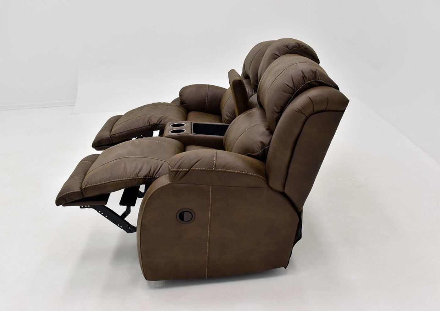 Side Facing Opened View of the Brown Denali Reclining Loveseat by HomeStretch | Home Furniture Plus Bedding