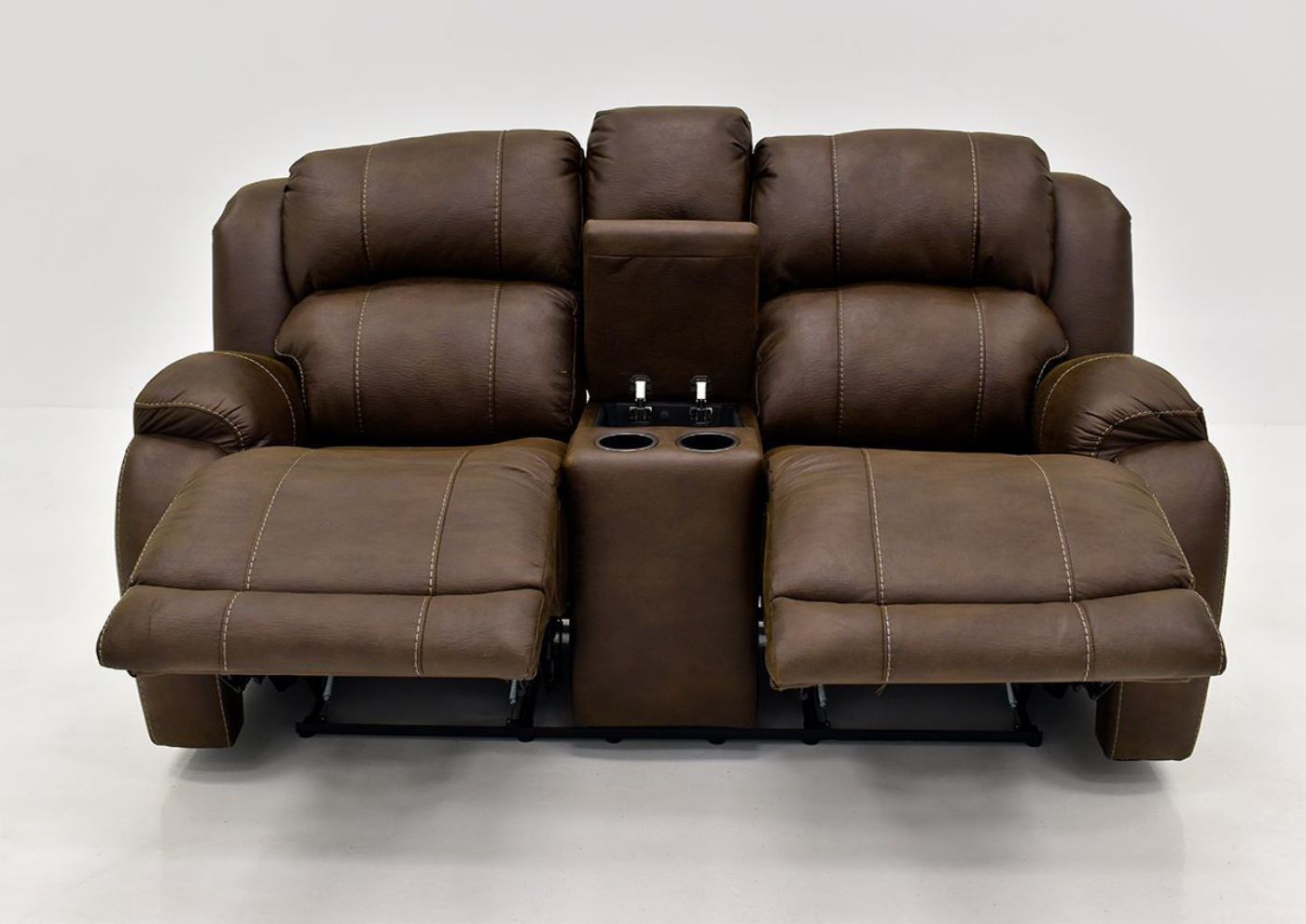 Front Facing View of Partially Reclined Dual Recliners on the Brown Denali Reclining Loveseat by HomeStretch | Home Furniture Plus Bedding
