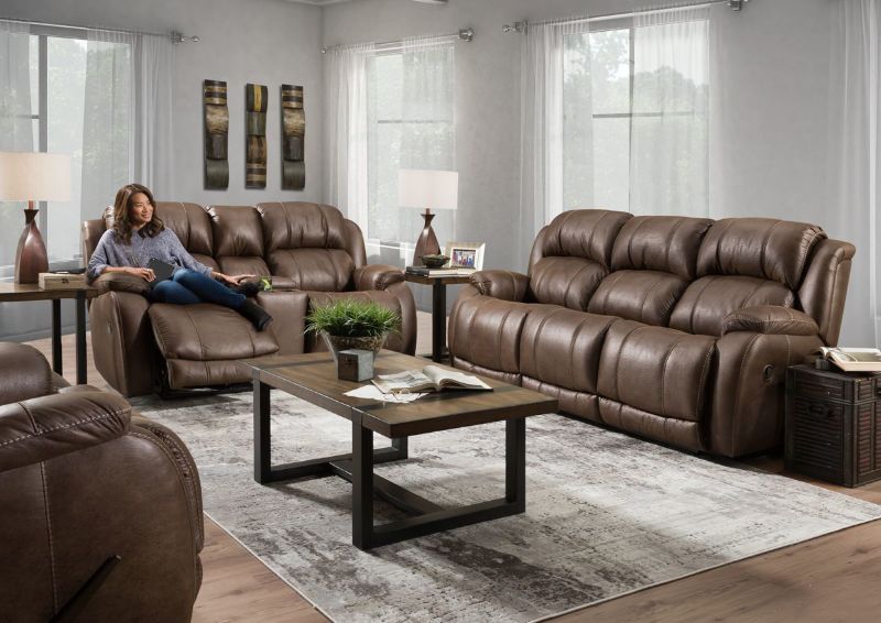 Denali Reclining Sofa Set by HomeStretch covered in a Brown Microfiber Upholstery. Includes Reclining Sofa, Reclining Loveseat and Recliner | Home Furniture Plus Bedding