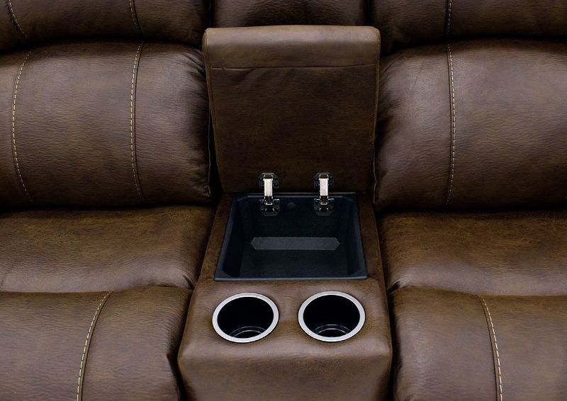 Close Up of the Center Console Storage Area and Cup Holders on the Brown Denali Reclining Loveseat by HomeStretch | Home Furniture Plus Bedding