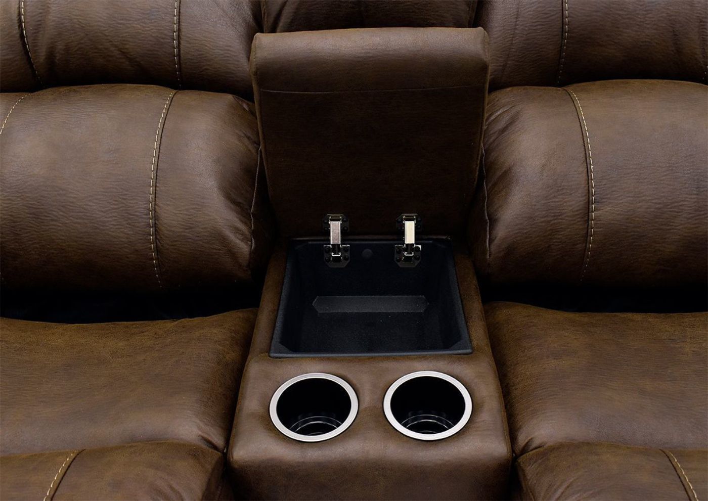 Brown Denali POWER Reclining Loveseat by HomeStretch center storage console and cup holders | Home Furniture Plus Bedding