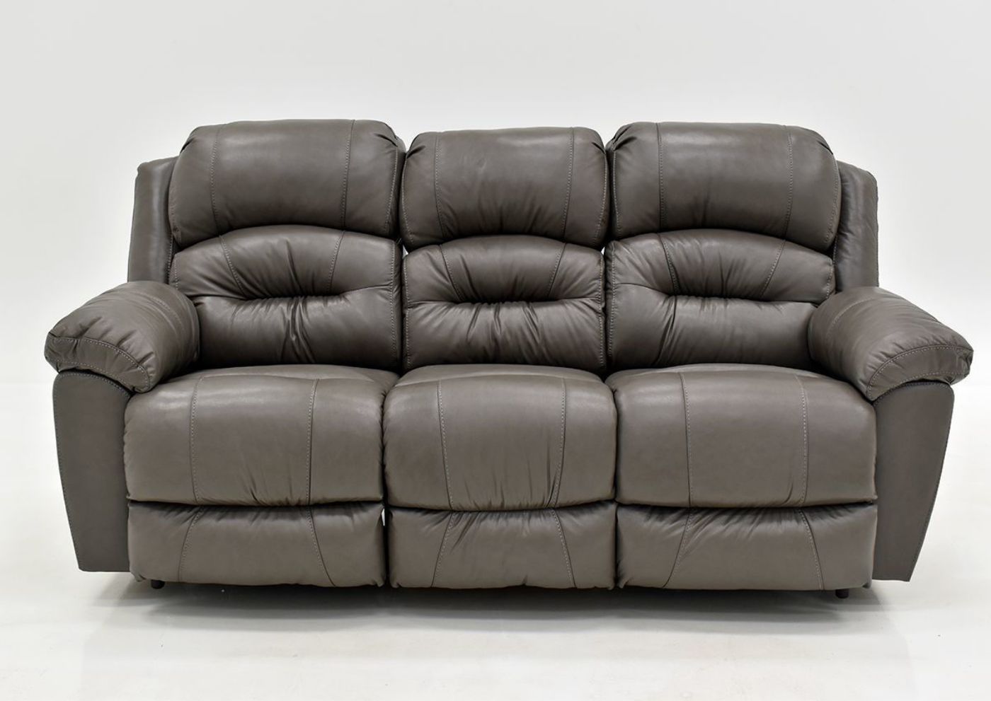 Gray Bellamy Leather Reclining Sofa by Franklin Furniture, Showing the Angle View, Made in the USA | Home Furniture Plus Bedding