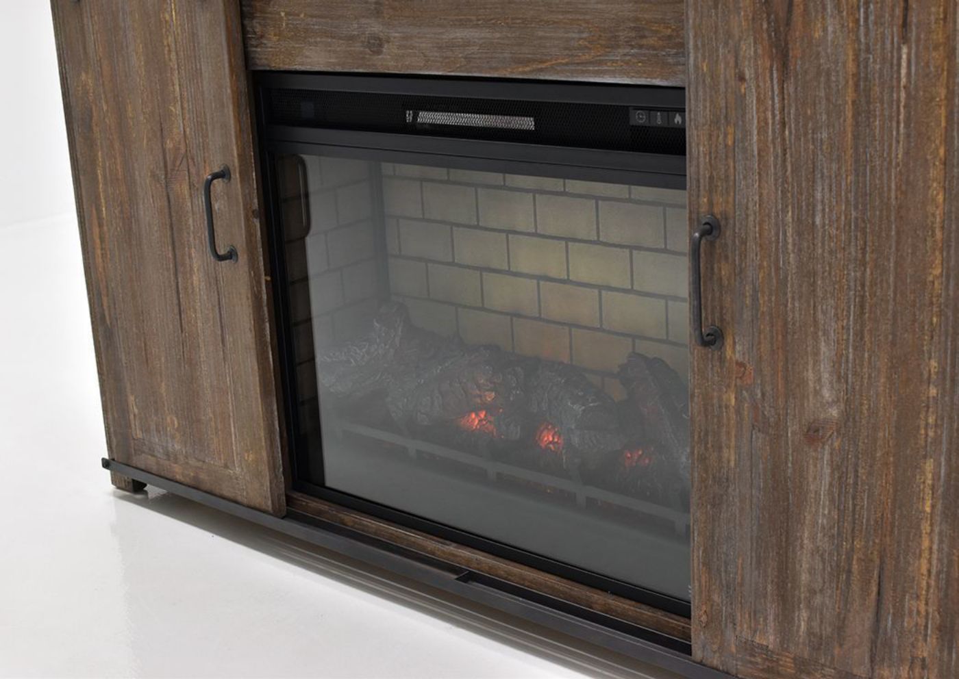 Close Up of the Fireplace Insert in the Maverick TV Stand with Fireplace with a Barnwood Finish | Home Furniture Plus Bedding