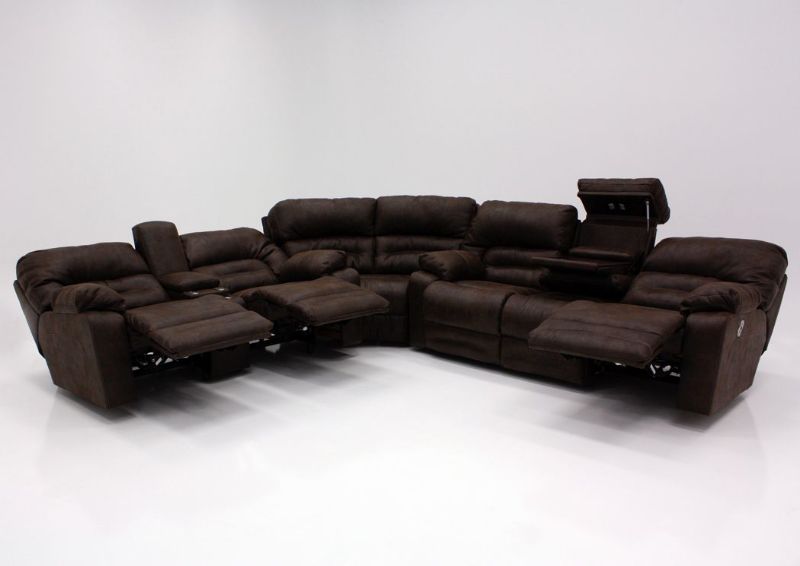 Front Facing View of the Brown Legacy POWER Reclining Sectional Sofa with Recliners Open | Home Furniture Plus Bedding