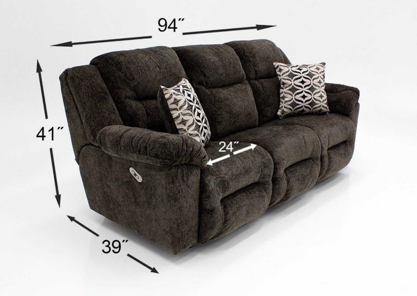 Dimension Details for Dark Brown Microfiber Upholstered Donnelly Power Activated Reclining Sofa by Franklin | Home Furniture Plus Bedding