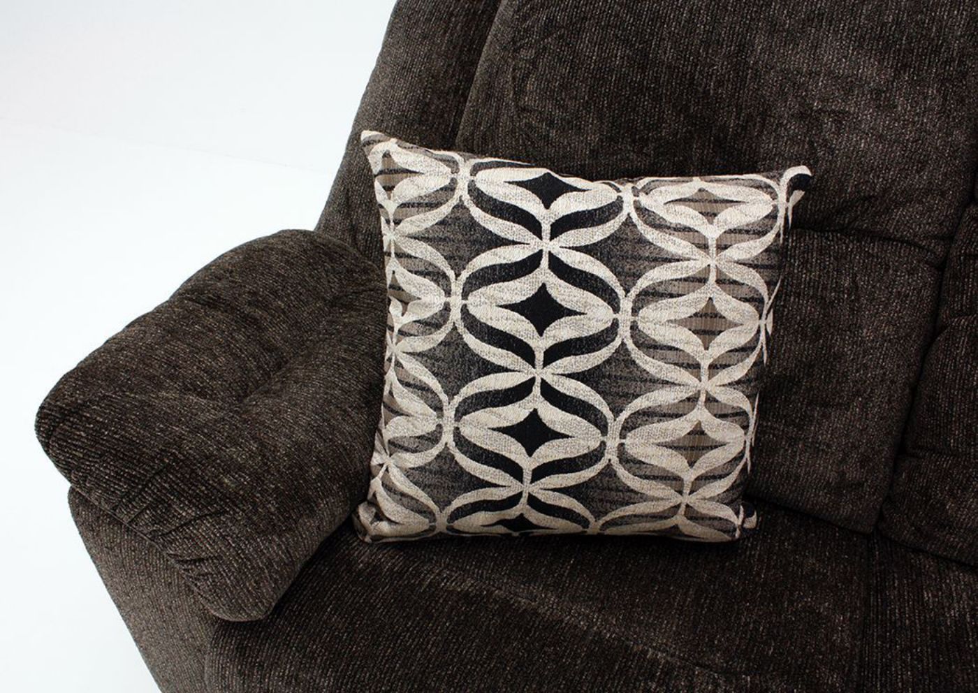 Close Up View of Padded Arms, Cushion Back and Seating and Accent Pillow on the Dark Brown Donnelly Power Activated Sofa by Franklin | Home Furniture Plus Bedding