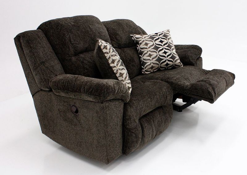 Donnelly Reclining Loveseat, Dark Brown, Angle, One Recliner Open | Home Furniture Plus Bedding