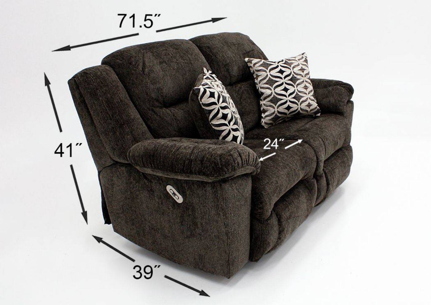 Dimension Details for Dark Brown Microfiber Upholstered Donnelly Power Activated Reclining Loveseat by Franklin | Home Furniture Plus Bedding