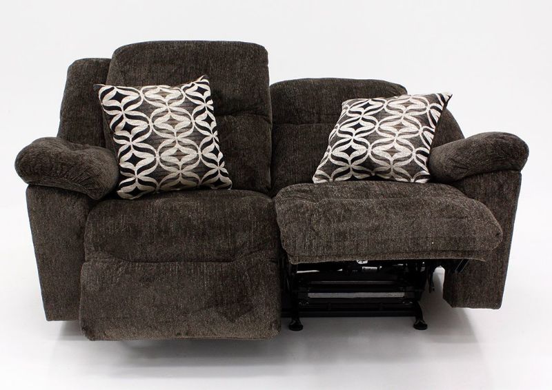 Front Facing View of Partially Reclined Dual Recliners on the Dark Brown Donnelly Power Activated Loveseat by Franklin | Home Furniture Plus Bedding
