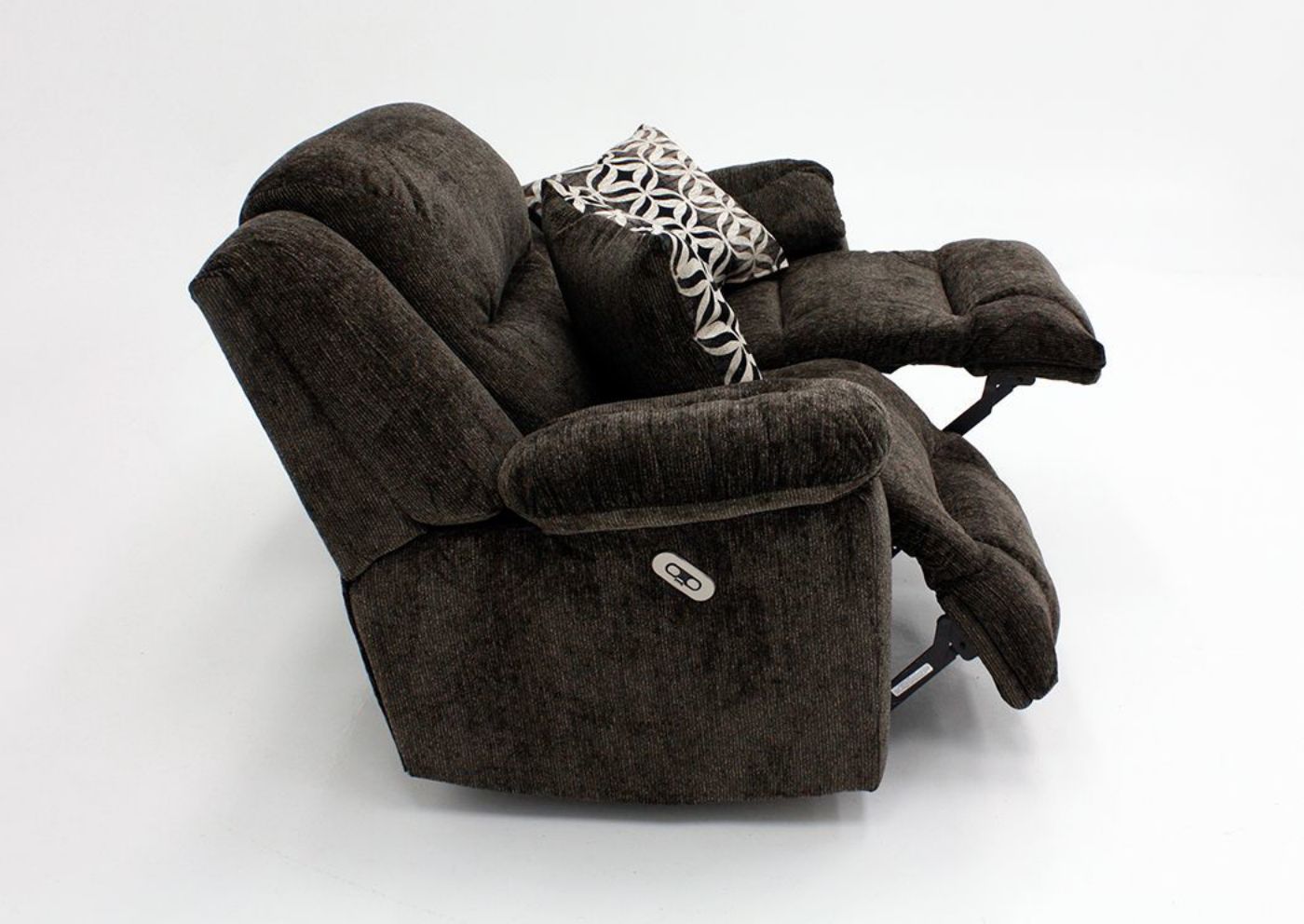 Side View of Partially Reclined Dual Recliners on the Dark Brown Donnelly Power Activated Loveseat by Franklin | Home Furniture Plus Bedding