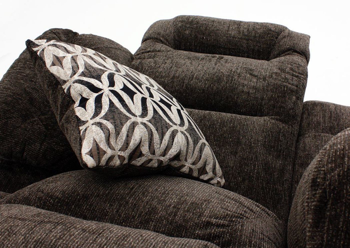 View from Headrest to Footrest of Partially Reclined Dark Brown Donnelly Power Activated Loveseat and Accent Pillow by Franklin | Home Furniture Plus Bedding