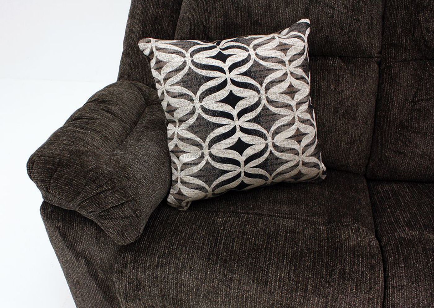 Donnelly Reclining Sofa, Dark Brown, Arm and Pillow Detail | Home Furniture Plus Bedding