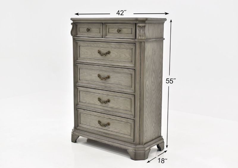 Gray Siena Chest of Drawers by Avalon Furniture, Showing the Angle View With Dimensions | Home Furniture Plus Bedding