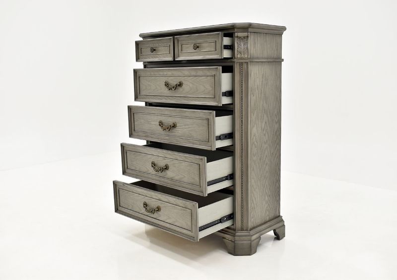 Gray Siena Chest of Drawers by Avalon Furniture, Showing the Angle View With the Drawers Open | Home Furniture Plus Bedding