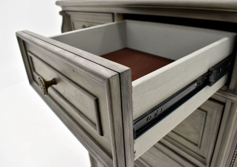 Gray Siena Chest of Drawers by Avalon Furniture, Showing the Top Drawer With Felt Lining | Home Furniture Plus Bedding