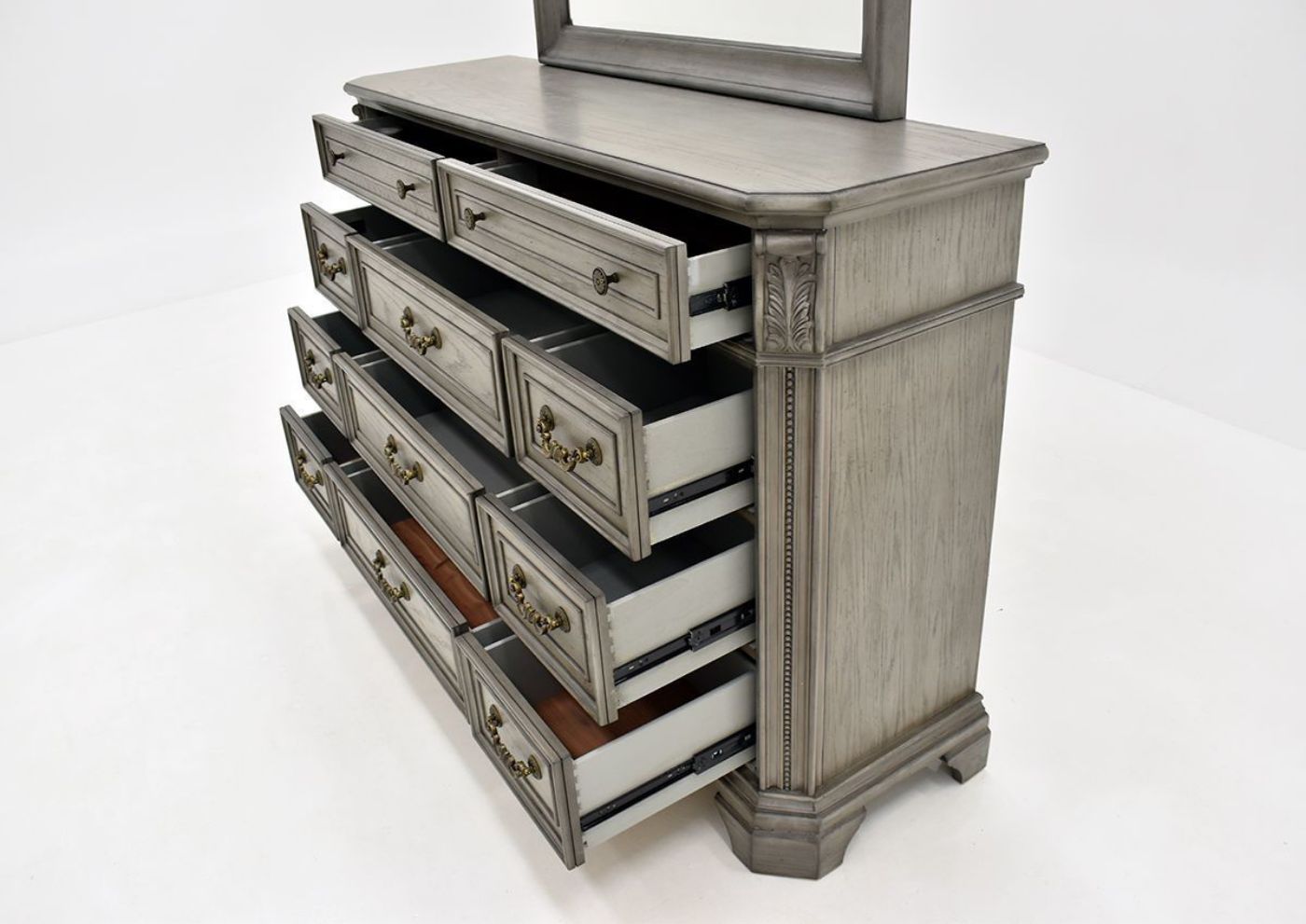 Gray Siena Dresser with Mirror by Avalon Furniture, Showing Dresser at an Angle With the Drawers Open | Home Furniture Plus Bedding