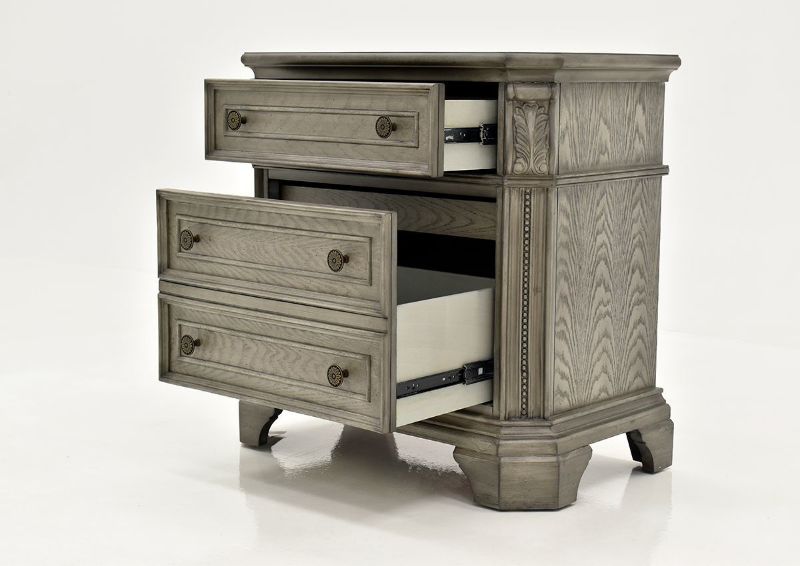 Gray Siena Nightstand by Avalon Furniture Showing the Angle View With the Drawers Open | Home Furniture Plus Bedding