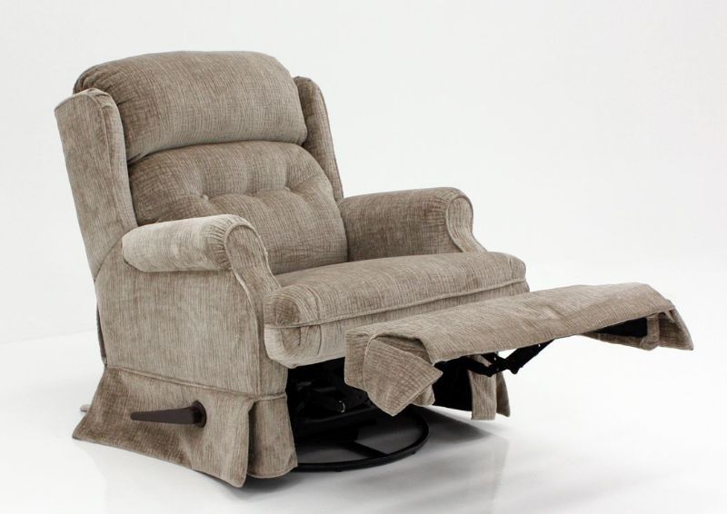 Beige Skirted Carolina Swivel Glider Recliner at an Angle with the Chaise Open | Home Furniture Plus Bedding