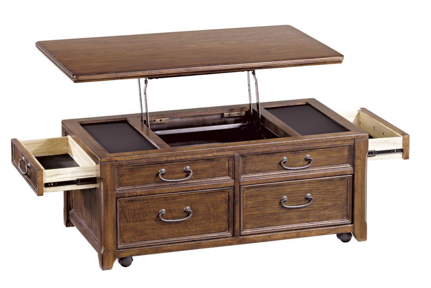 Cut Out of the Open Lift-Top and Drawers on the 4 Drawer Brown Woodboro Lift-Top Coffee Table by Ashley Furniture | Home Furniture Plus Bedding