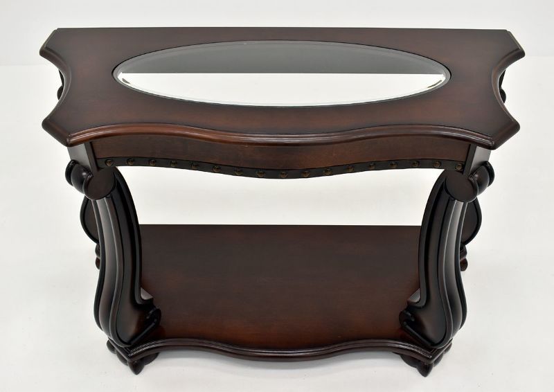 Dark Brown Madison Sofa Table by Crown Mark Showing the Glass Top View | Home Furniture Plus Bedding