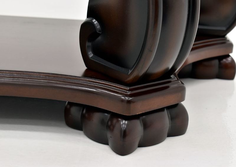 Dark Brown Madison Sofa Table by Crown Mark Showing the Decorative Foot Detail | Home Furniture Plus Bedding