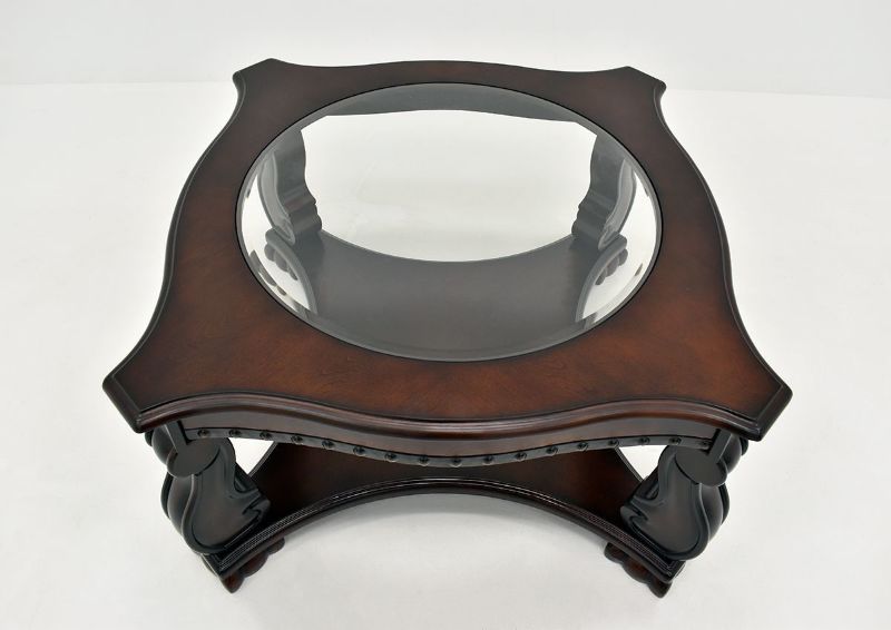 Dark Brown Madison Coffee Table by Crown Mark Showing the Glass Top Detail | Home Furniture Plus Bedding