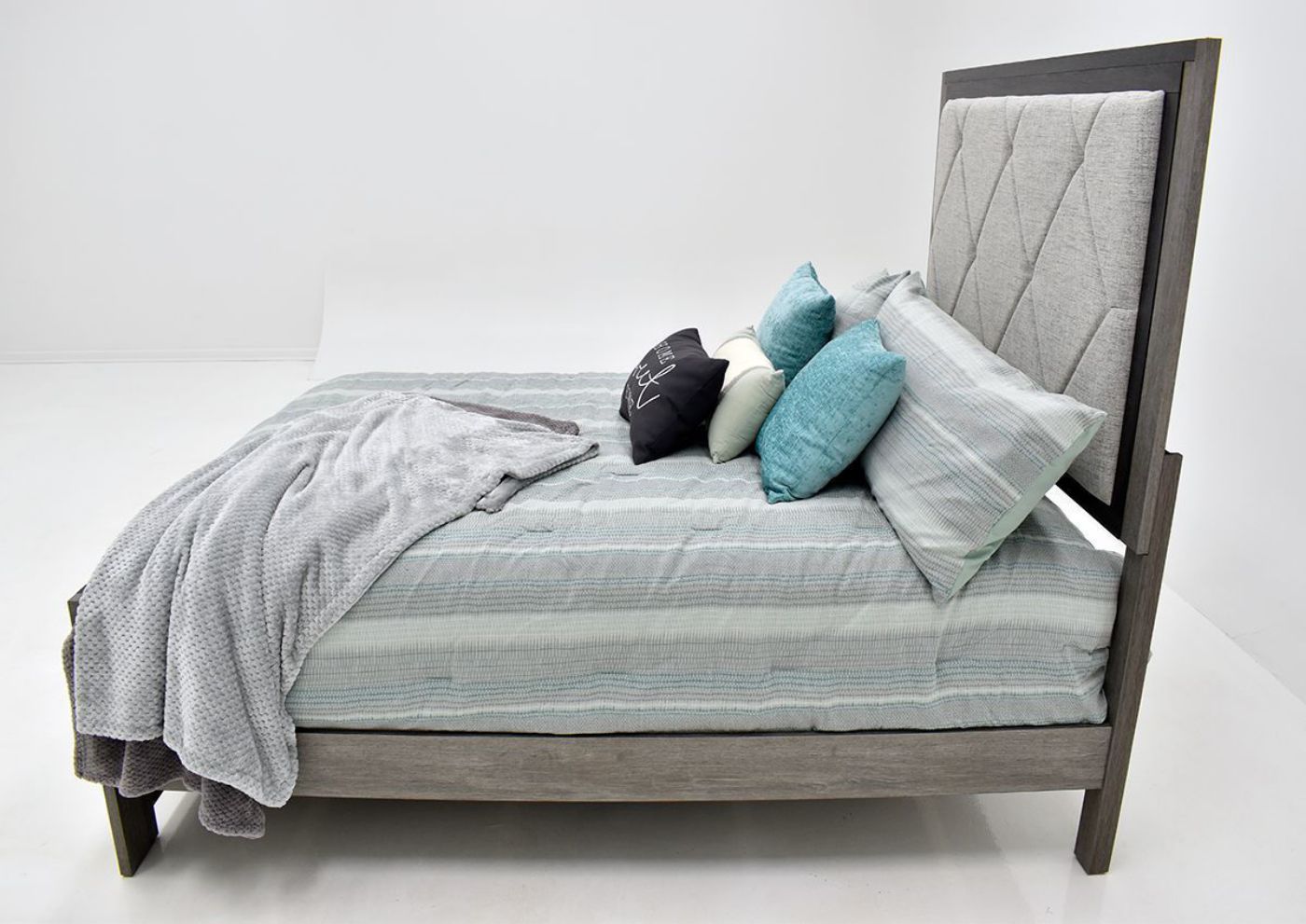 Two-Tone Gray Carter Upholstered King Size Bed by Lane Home Furnishings Showing the Side View, Made in the USA | Home Furniture Plus Bedding