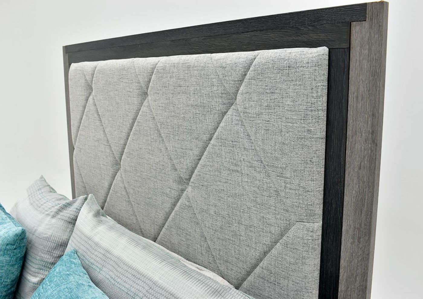 Two-Tone Gray Carter Upholstered King Size Bed by Lane Home Furnishings Showing the Upholstered Headboard Detail, Made in the USA | Home Furniture Plus Bedding