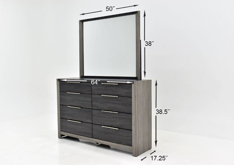 Two-Tone Gray Carter Dresser with Mirror by Lane Home Furnishings Showing the Dimensions, Made in the USA | Home Furniture Plus Bedding