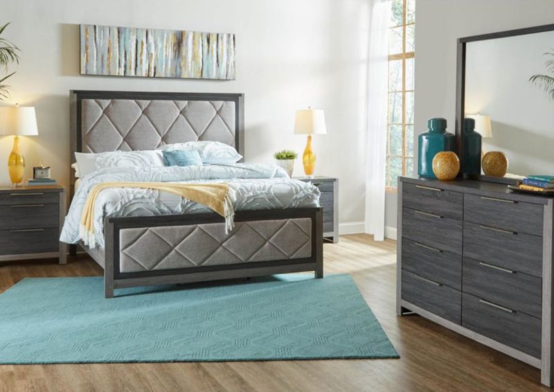 Two-Tone Gray Carter Upholstered Bedroom Set by Lane Home Furnishings in a Room Setting Made in the USA | Home Furniture Plus Bedding
